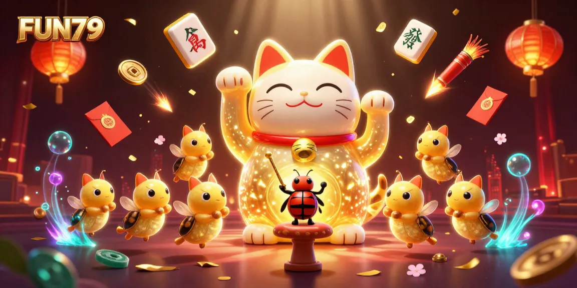 Experience dynamic wins with FUN79's lucky cat surrounded by vibrant casino elements in a rich 3D scene.