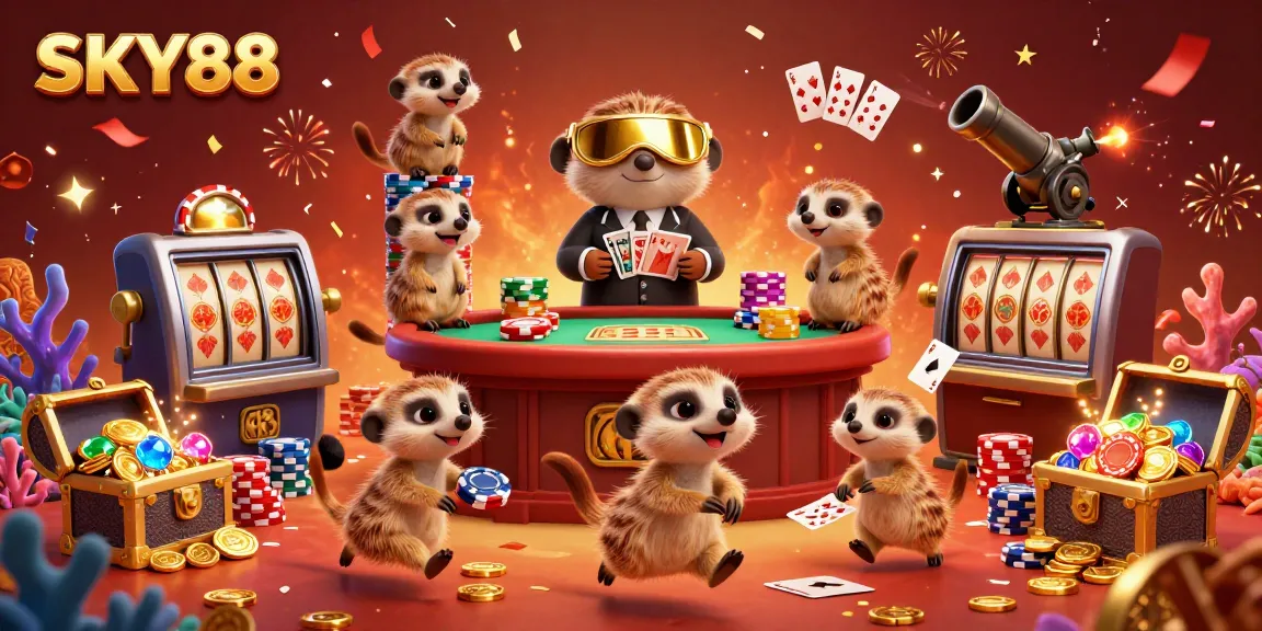 Experience thrilling moments at SKY88 casino with meerkats running a lively gaming operation.