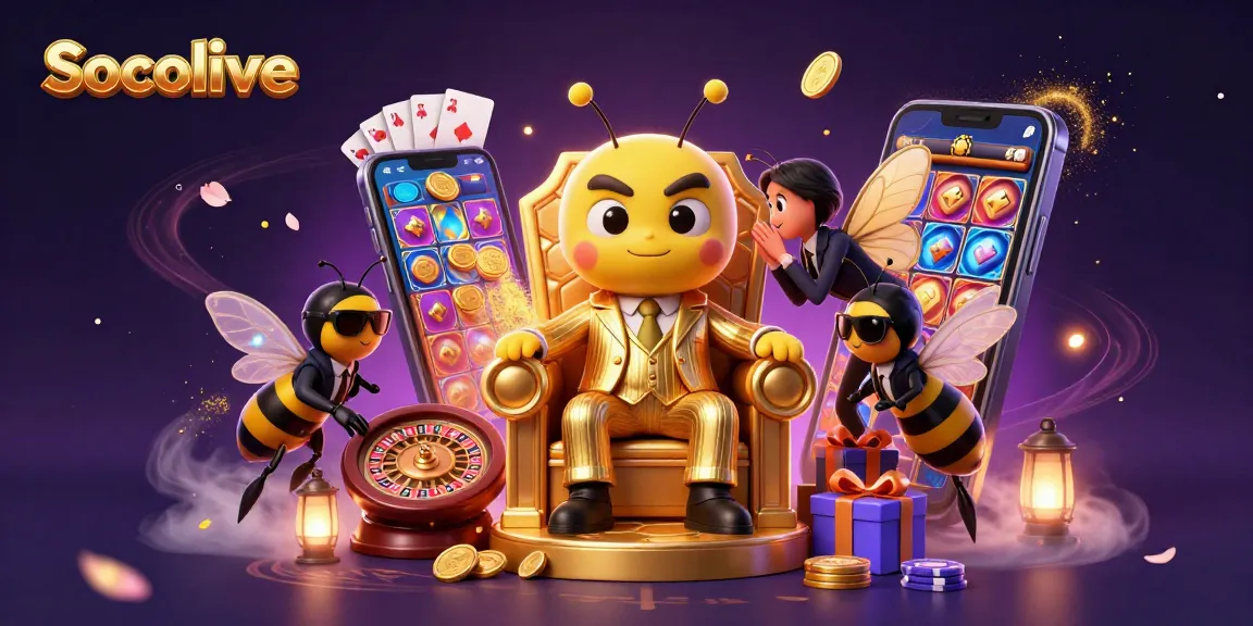 Socolive showcases a vibrant 3D bumblebee mob boss in a casino setting, highlighting interactive gaming elements.
