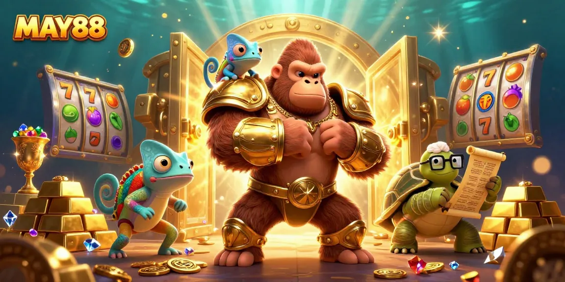 MAY88 showcases winning slot action with a golden gorilla king, chameleon, and tortoise in a rich casino scene.