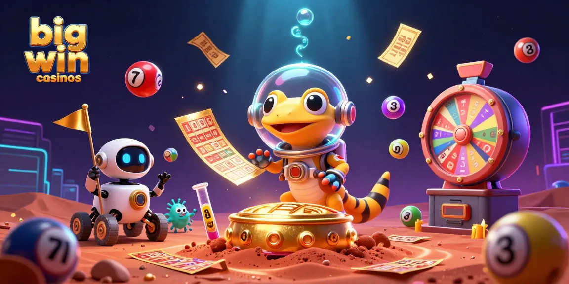 Experience thrilling adventures in big win casinos with a Martian gecko and vibrant lottery elements.