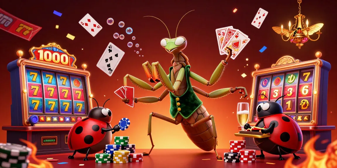 Zbet showcases a vivid casino scene with a giant praying mantis card sharp and ladybug pit boss while celebrating big wins.