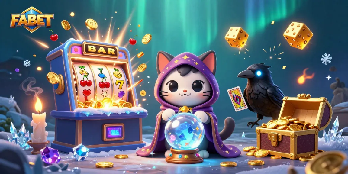 Experience FABET's thrilling jackpot scene with a mystical cat and raven in a vibrant casino atmosphere.