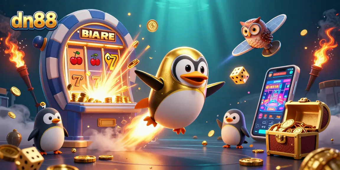 Experience thrilling gaming moments with dn88 at this vibrant casino illustration featuring a golden penguin and jackpot.