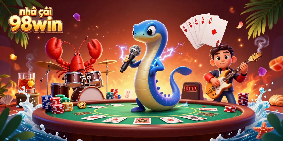 Experience excitement at nhà cái 98win with vibrant underwater gambling scene featuring lively characters and poker elements.