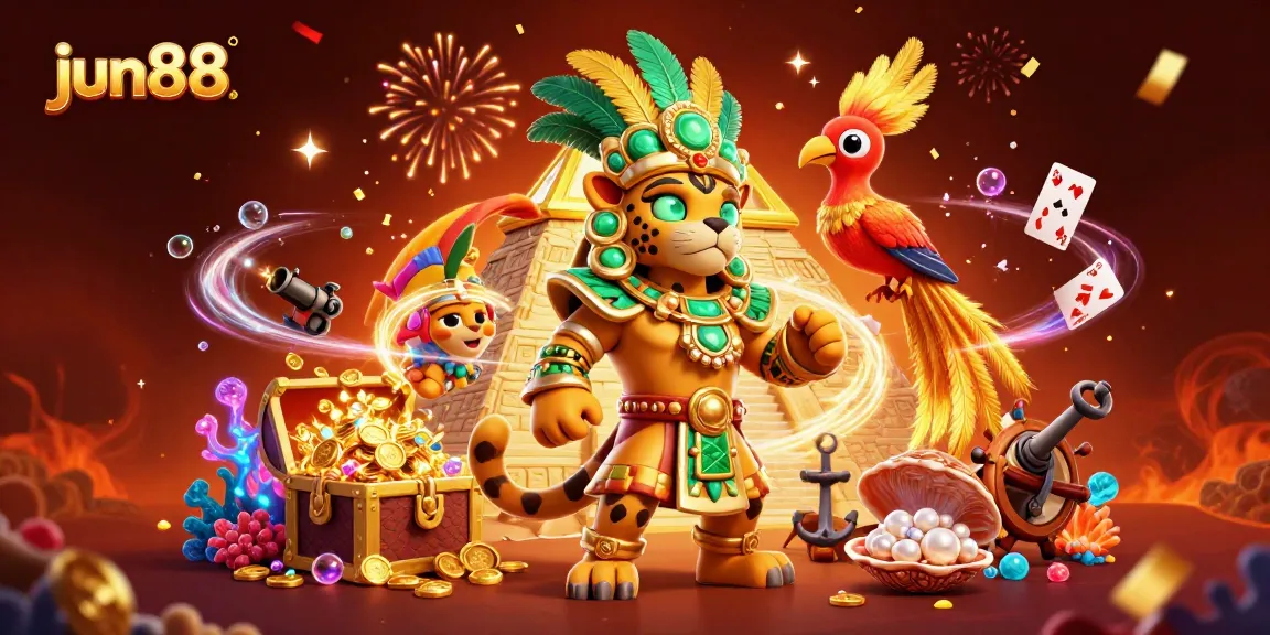 Win big with jun88 in this vibrant 3D casino celebration scene featuring a Mayan jaguar priest.