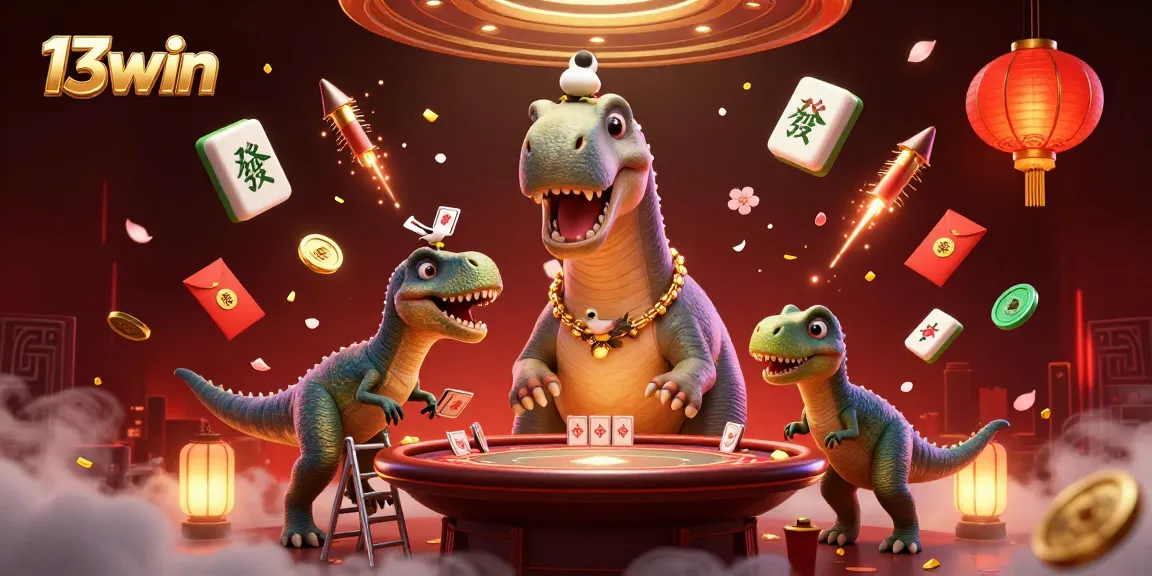 Engage with 13win's thrilling casino atmosphere featuring a cartoon dinosaur and raptor dealer.