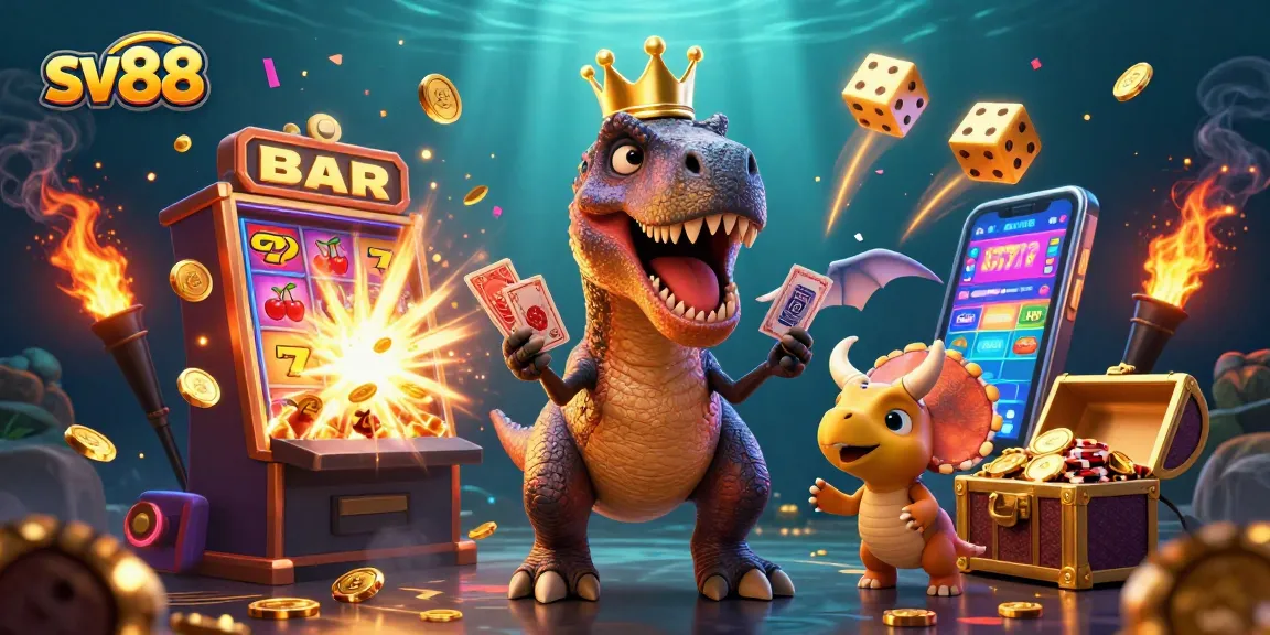 Engage with sv88 by witnessing a lively T-Rex shuffling cards, a pterodactyl assisting, and a triceratops stacking chips in a colorful casino scene.