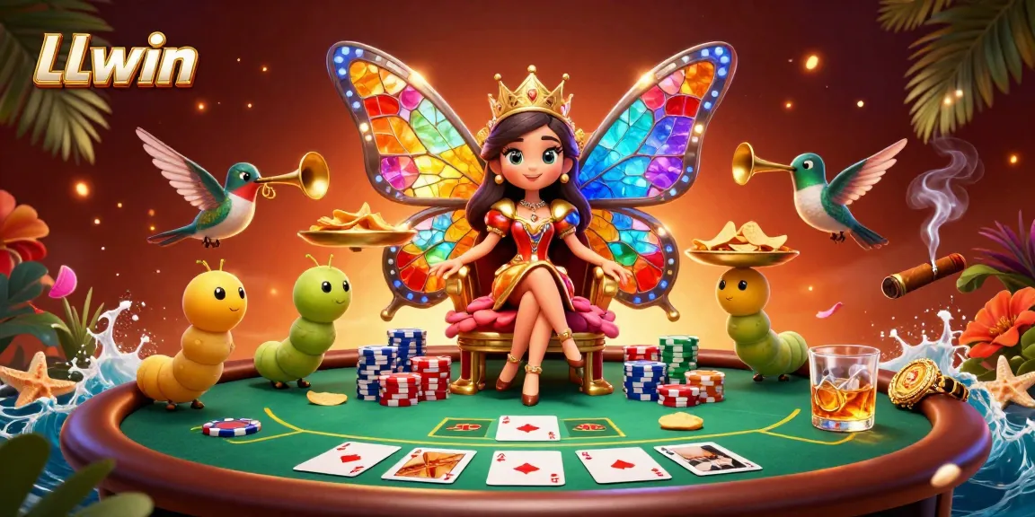Engage in thrilling poker action at LLwin featuring a butterfly queen and dynamic casino elements.