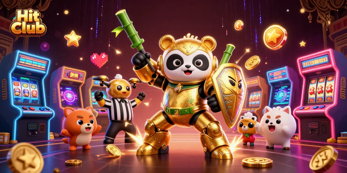 Experience the excitement of Hit Club with a golden panda robot in a vibrant casino arena.