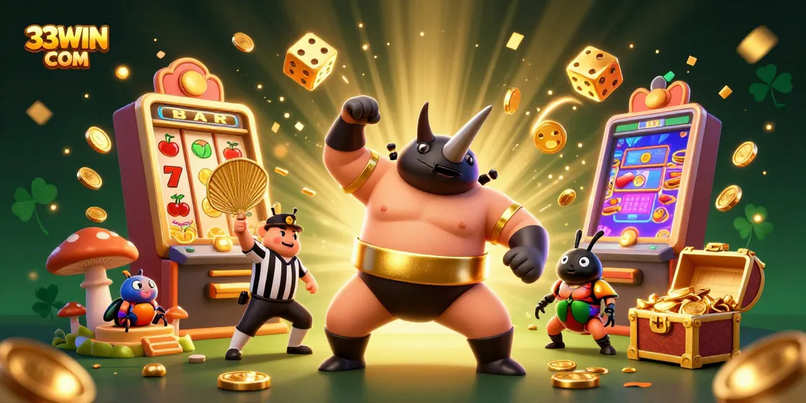 Experience the excitement of 33WIN COM with a lively jackpot scene featuring a sumo beetle champion!