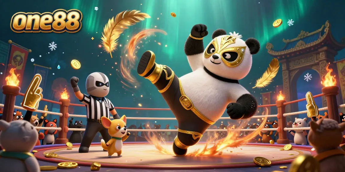 Experience thrilling moments with one88 as a panda wrestler executes a kick amidst a vibrant casino scene.